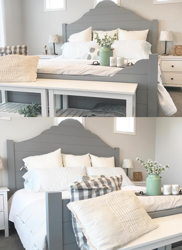 a DIY Farmhouse Shiplap bed frame for the home bedroom