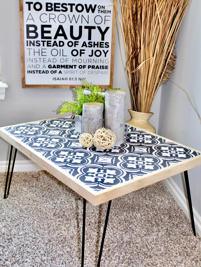 DIY Hairpin Coffee Table leg with a cutting edge tile stencil design using chalked paint
