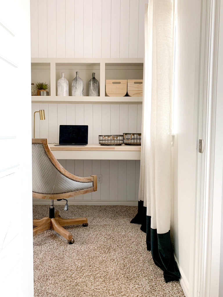 DIY Home Office Nook featuring Butcher Block desk and built ins