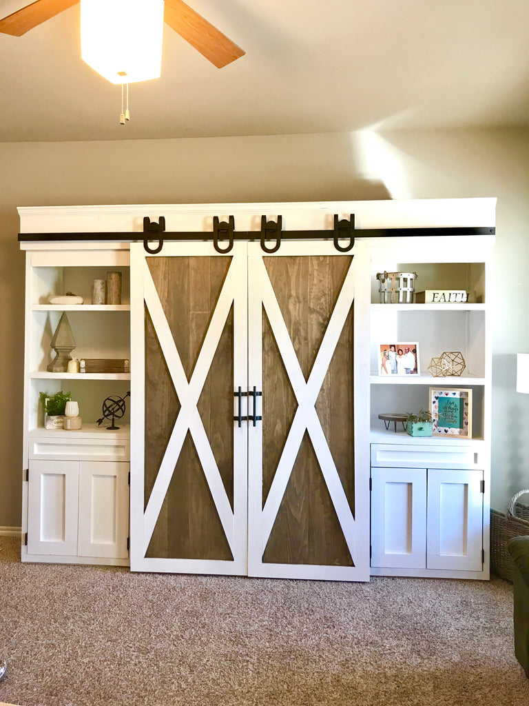 Sliding Barn Door Media Center for the home living room featuring artisan horseshoe barn door hardware and two-tone barn doors stained in rustoleum briarsmoke