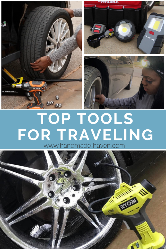 Top Tools for Traveling - featuring the Ryobi inflator, ridgid impact wrench, husky clip light, husky headlight 