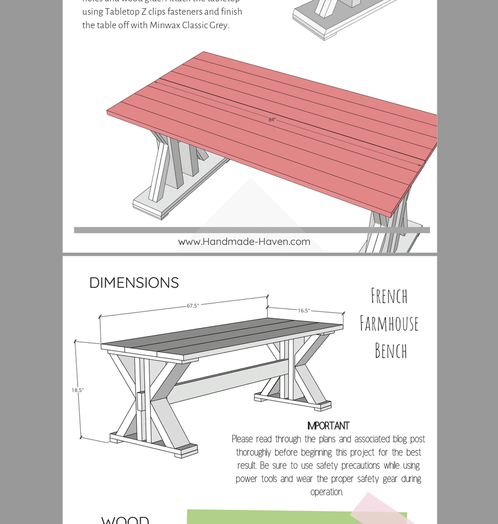 French Farmhouse Dining Table and Bench - Printable Plans